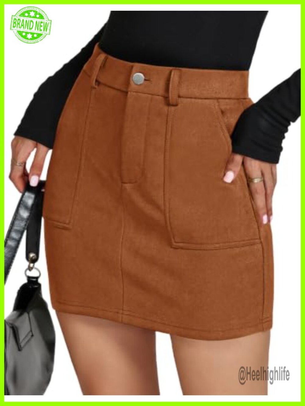 Faux Suede Mini Skirt High Waist Pencil Bodycon with Pockets